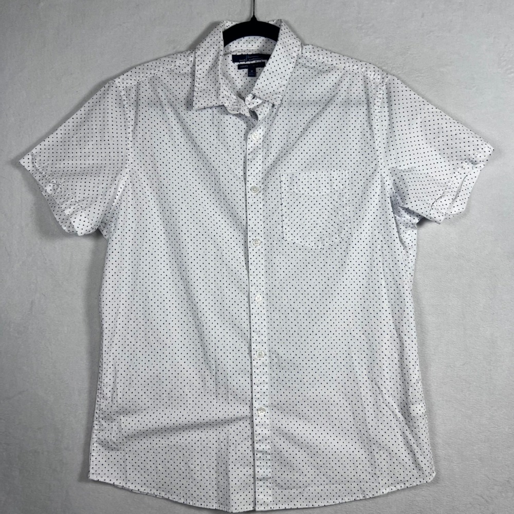 Marc Anthony Mens Luxury Slim Fit Short Sleeve Button Down White Navy Dot Medium